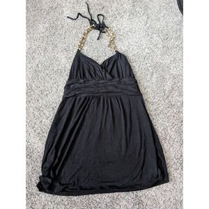 Cable & Gauge Womens Black Halter Top Gold Bead Chain Surplice Ruched Y2K